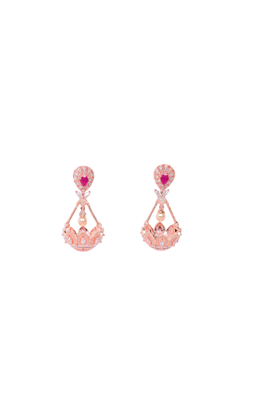 Namokriti Statement Royal Crown Earrings – Rose Gold, Pearl Drop & Ruby Glow